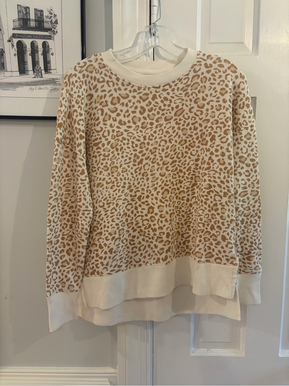 Time and Tru Cream and Tan Leopard Print Crewneck Sweater